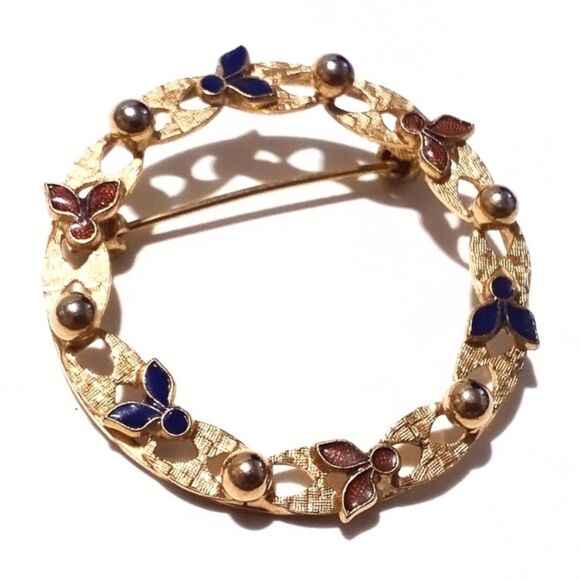 Vintage Gold Tone Red & Blue Enamel Mid Century Circle Brooch Pin - Picture 2 of 5